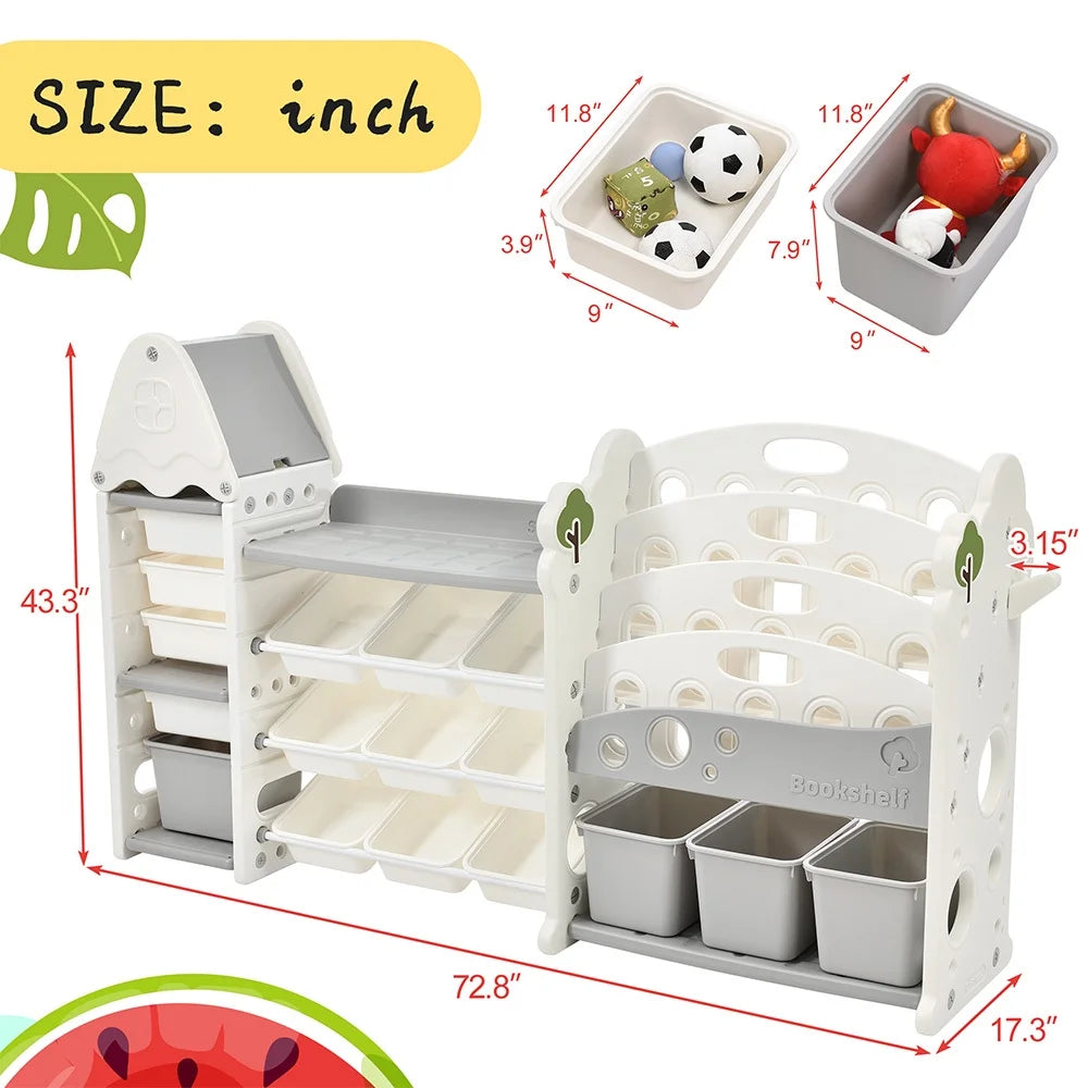 Grey Kids Bookshelf Toy Storage Organizer with 17 Bins and 4 Bookshelves J4983