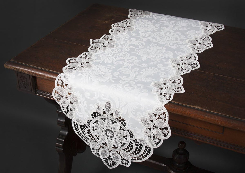 White Lace Embroidered Cutwork Table Runner, 15 by 34-Inch K4139