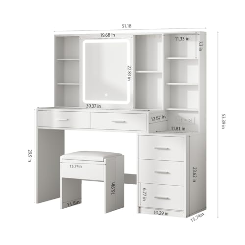 White Vanity Desk with Mirror and Lights 5 Drawers with Chair T159296