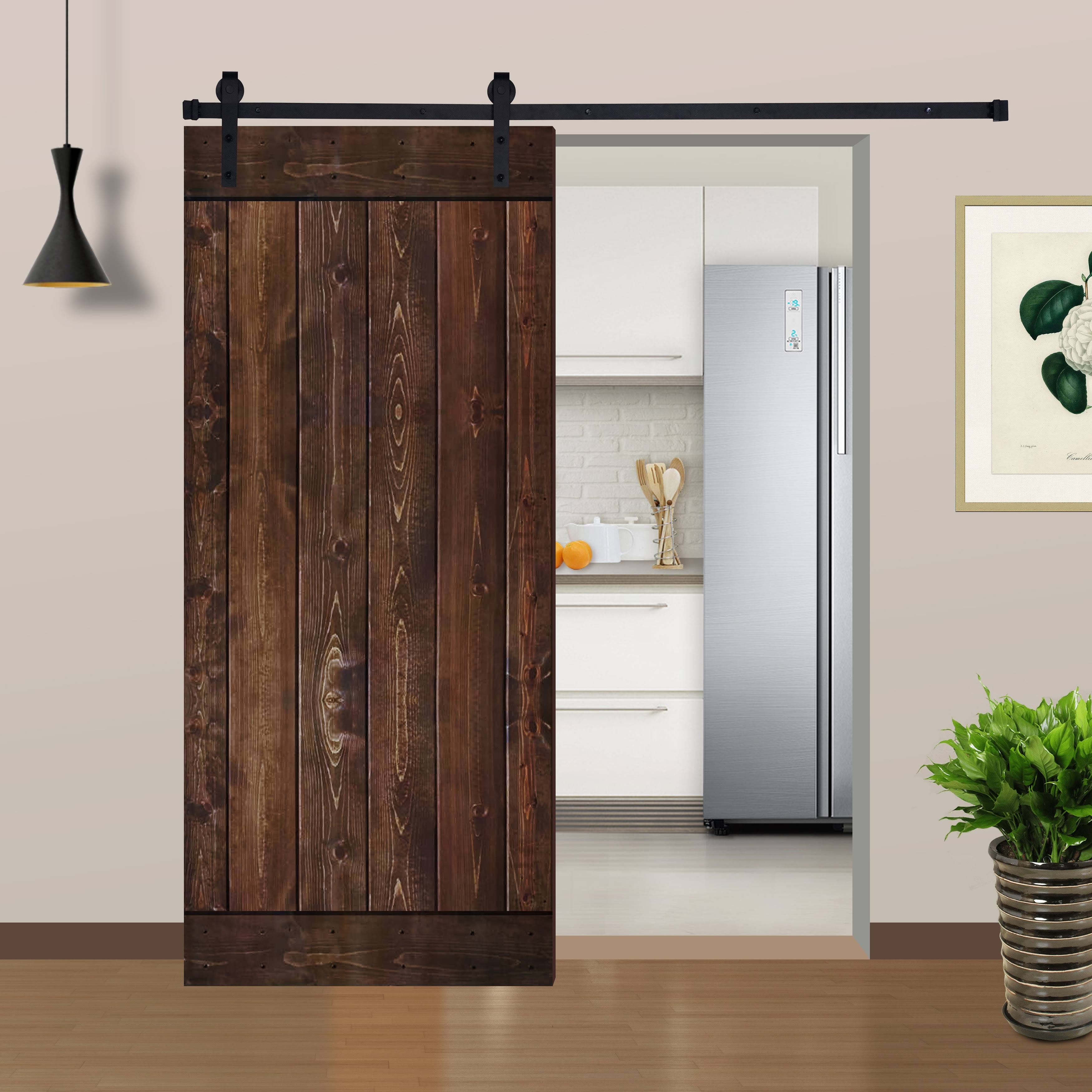 12-Panel Dark Brown Painted Wood Sliding Door with Installation Hardware Kit K295960