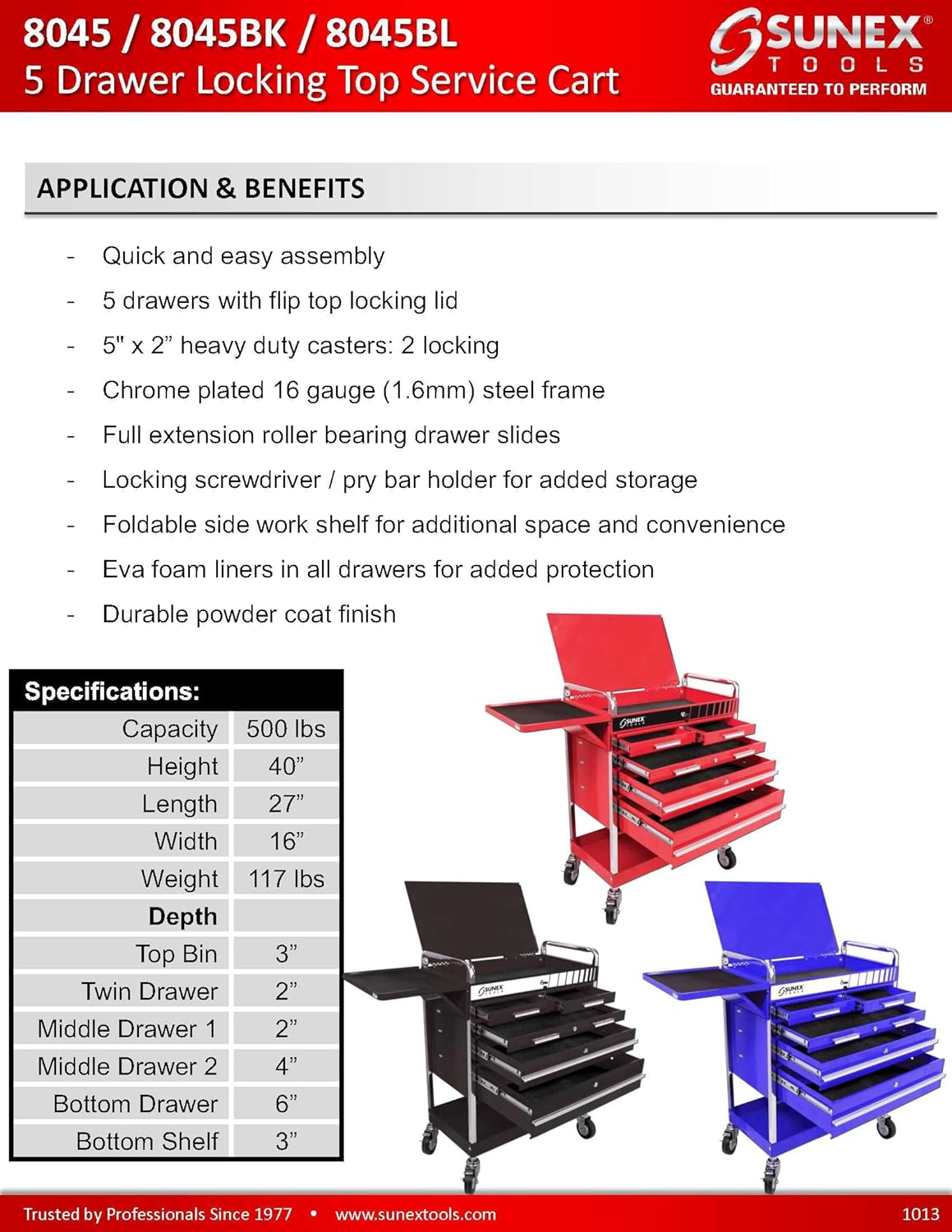 Red 5 Drawer Service Cart with Locking Top A3069
