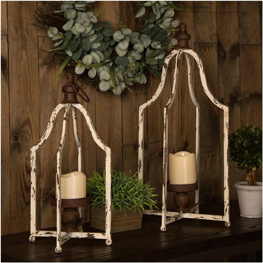 Distressed White Metal Hanging Candle Lanterns Set of 2 H906