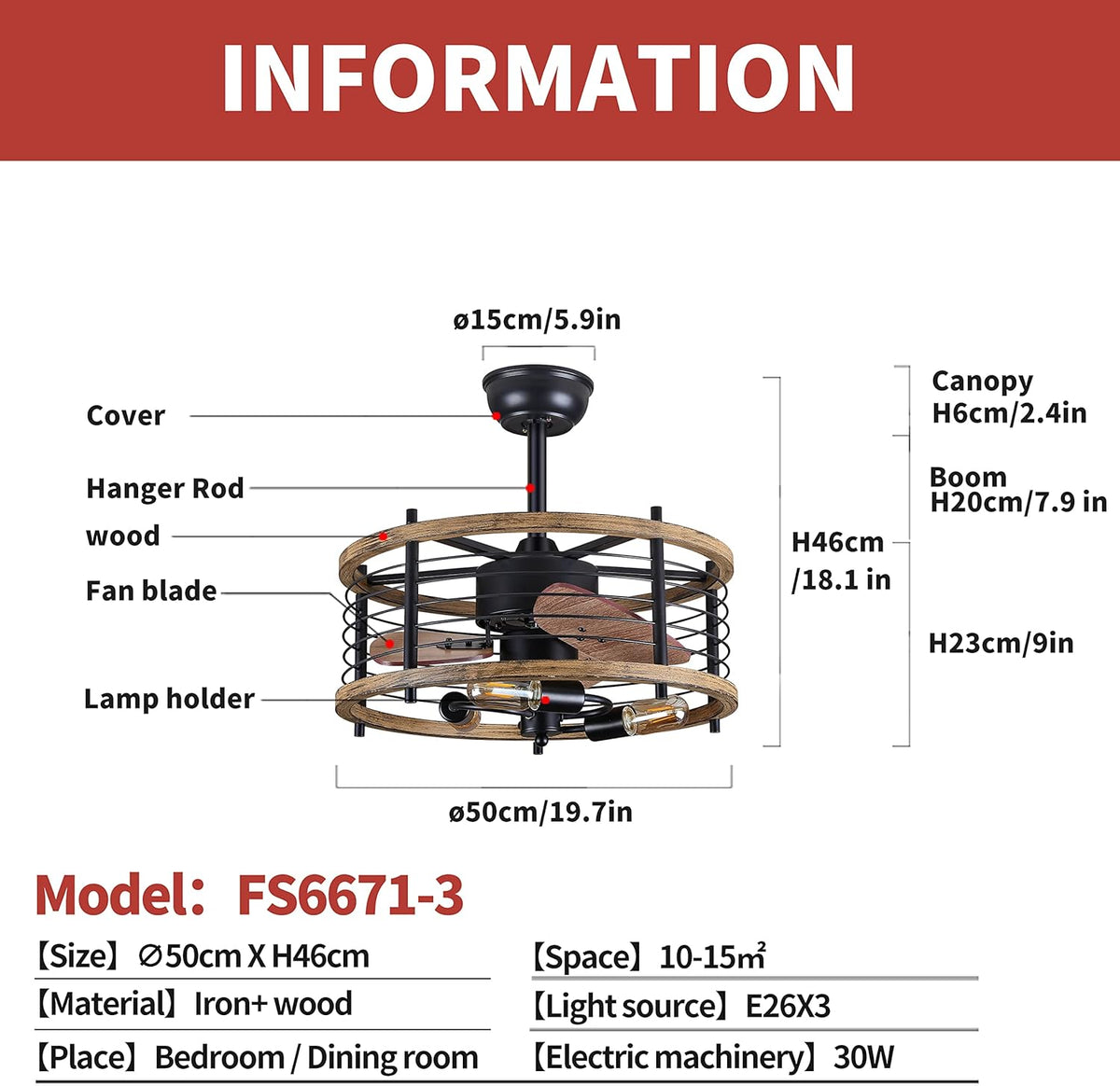 20-inch Caged Ceiling Fan with Lights, Reversible, Remote, Bladeless B45655
