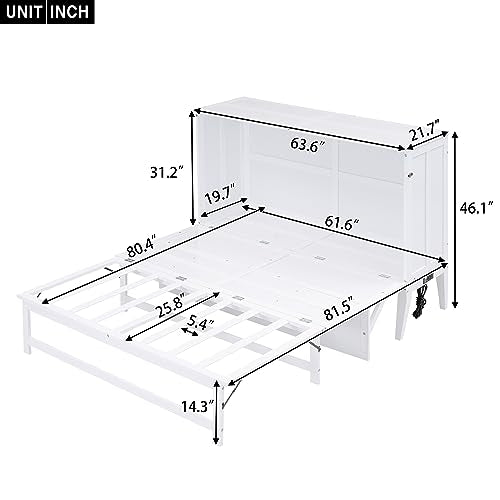 White Queen Size Wood Murphy Bed with Bookcase H73978