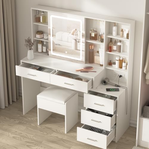 White Vanity Desk with Mirror and Lights 5 Drawers with Chair T159296