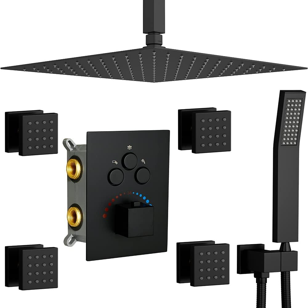 16 Inch Rain Shower Head System with Body Jets Ceiling Mounted Brass Shower Faucet Combo (Matte Black) I86454