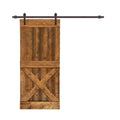 Distressed Mini x Walnut Stained Solid Knotty Pine Wood Interior Sliding Barn Door with Hardware Kit U947254