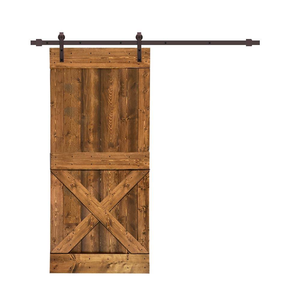 Distressed Mini x Walnut Stained Solid Knotty Pine Wood Interior Sliding Barn Door with Hardware Kit U947254