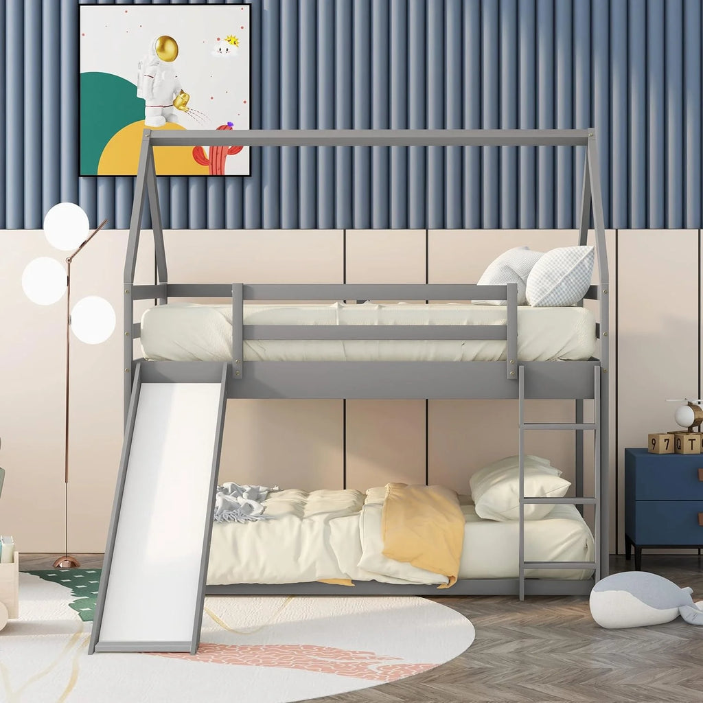 Grey Wood Bunk Bed with Slide and Ladder M62281