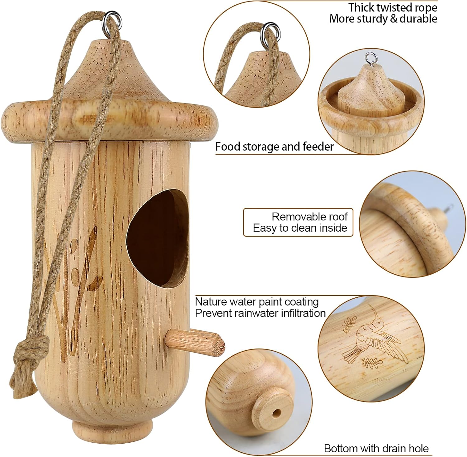 3 Pack Wooden Hummingbird House with Hemp Ropes F436885