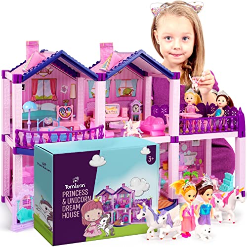 Pink and Purple 5 Room Dollhouse with 4 Princesses, 4 Unicorns, Dog, Furniture and Accessories M457