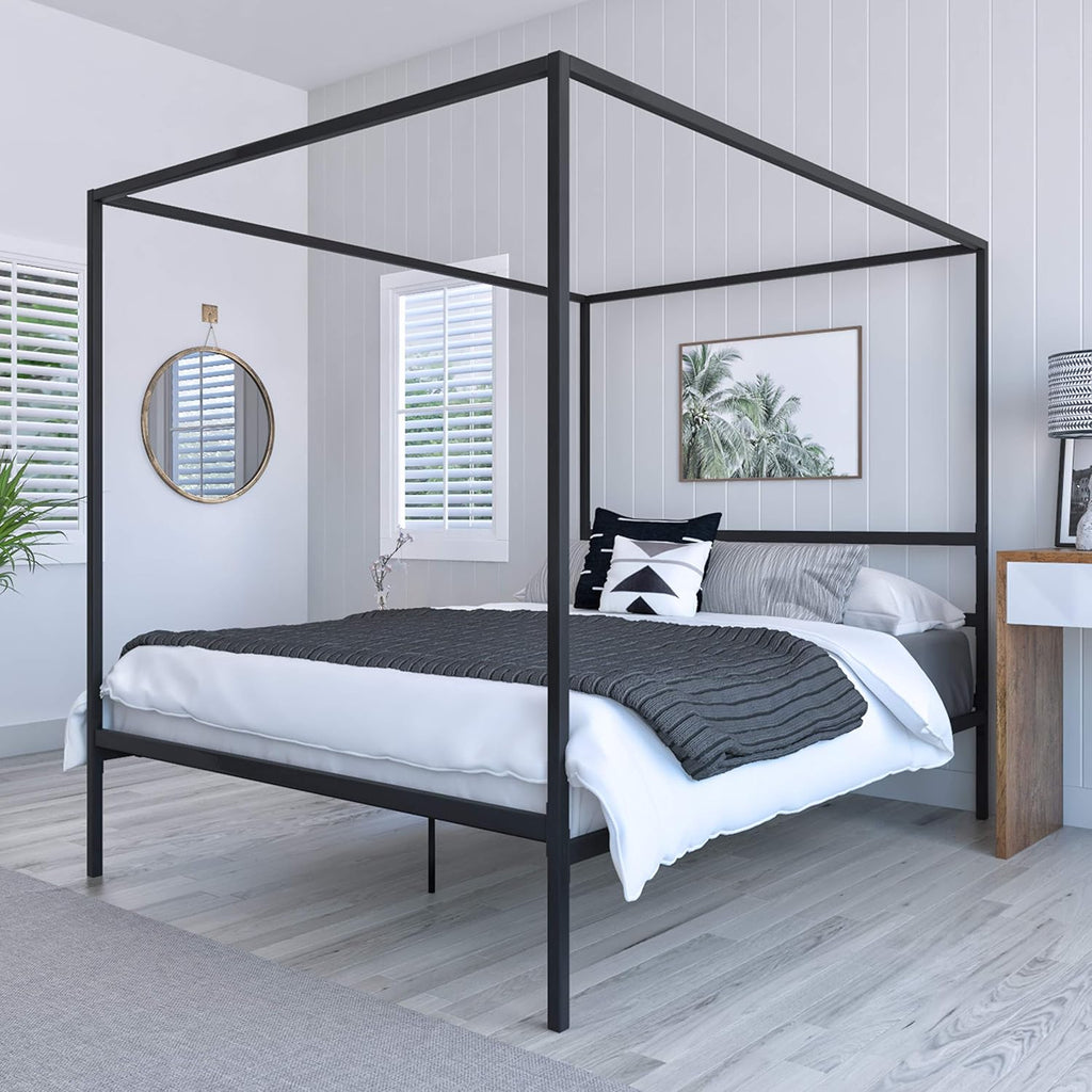White Metal Queen Size Canopy Platform Bed Frame with Wooden Slats I532309