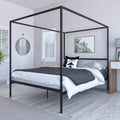 White Metal Queen Size Canopy Platform Bed Frame with Wooden Slats I532309