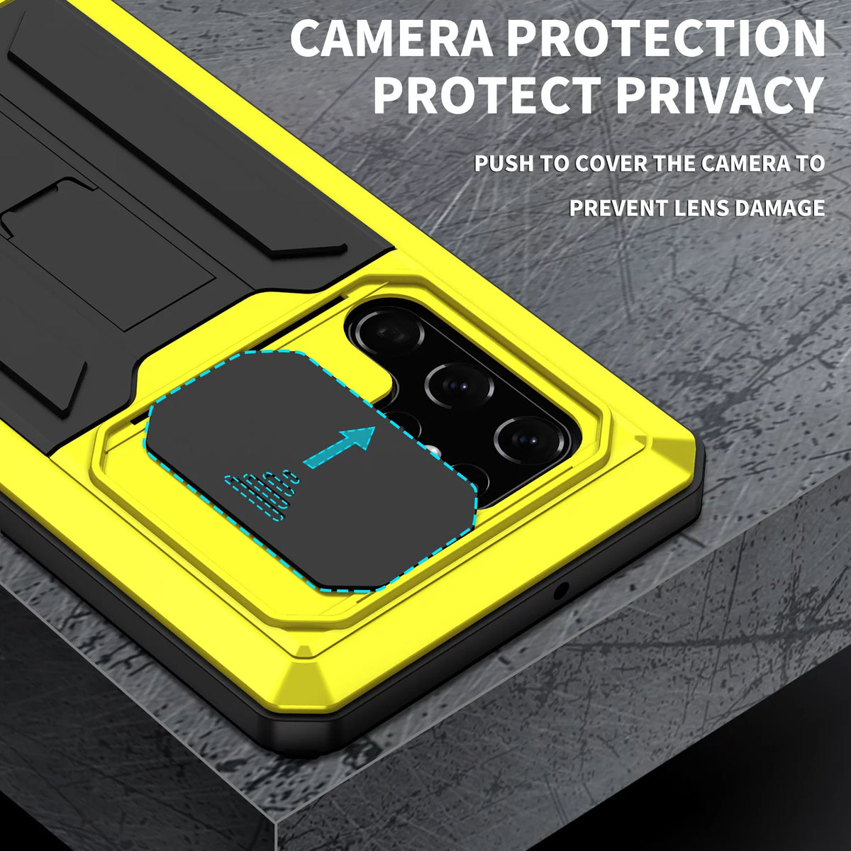 Yellow Hard PC TPU Waterproof Case with Built-in Glass Screen Protector and Kickstand for Galaxy S22 Ultra 5G W5501