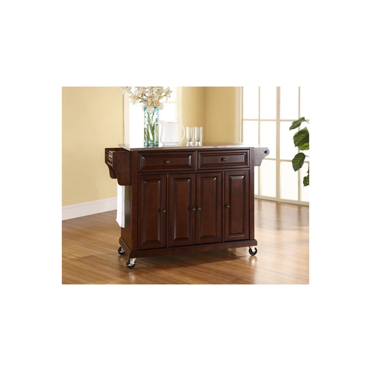 Mahogany/Silver Wood/Stainless Steel Kitchen Cart N209434