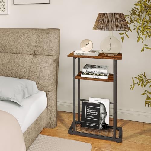 3-Tier Narrow End Table with Magazine Holder Rustic Brown N7326