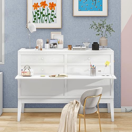 White Queen Size Wood Murphy Bed with Bookcase H73978