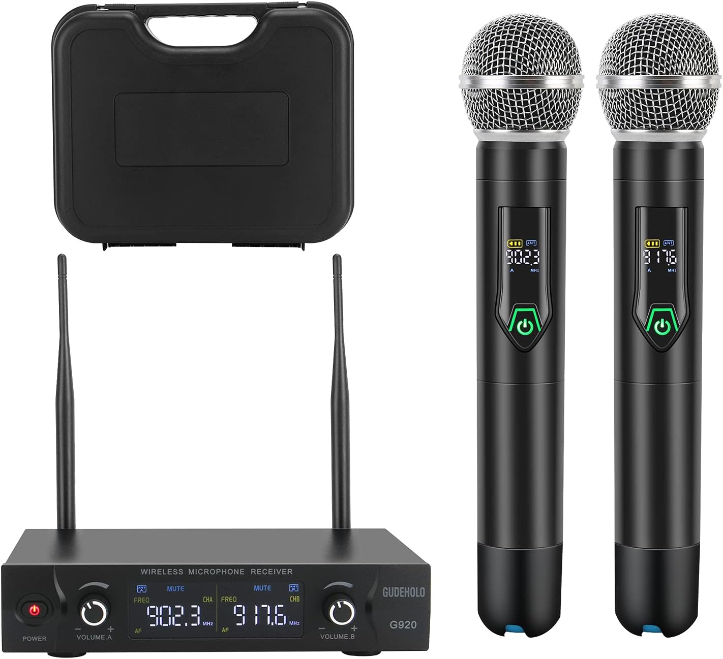 Wireless Microphone System, Metal UHF Dual Handheld 20 Channels Cordless Mic System (Black) X727