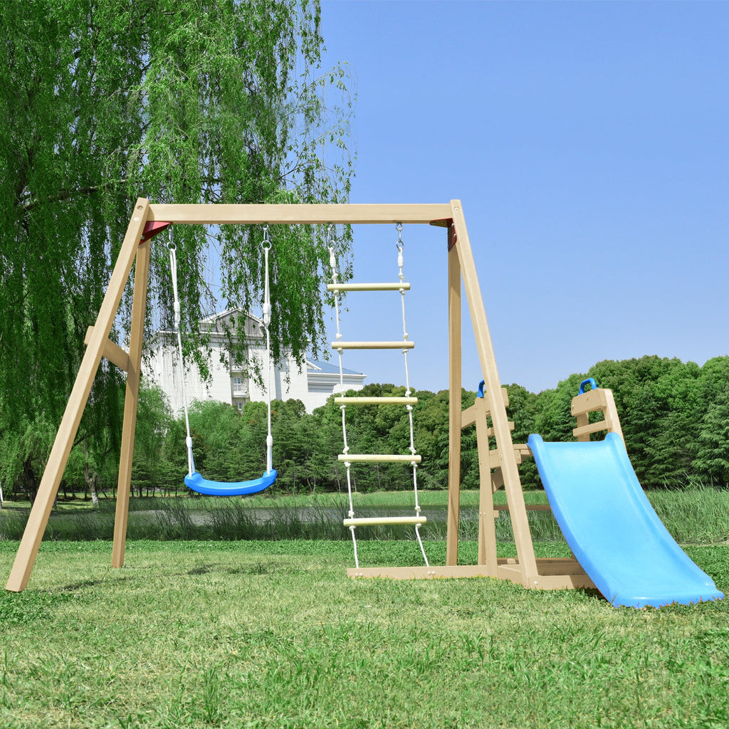Wooden Swing Set with Slide and Climbing Rope O619