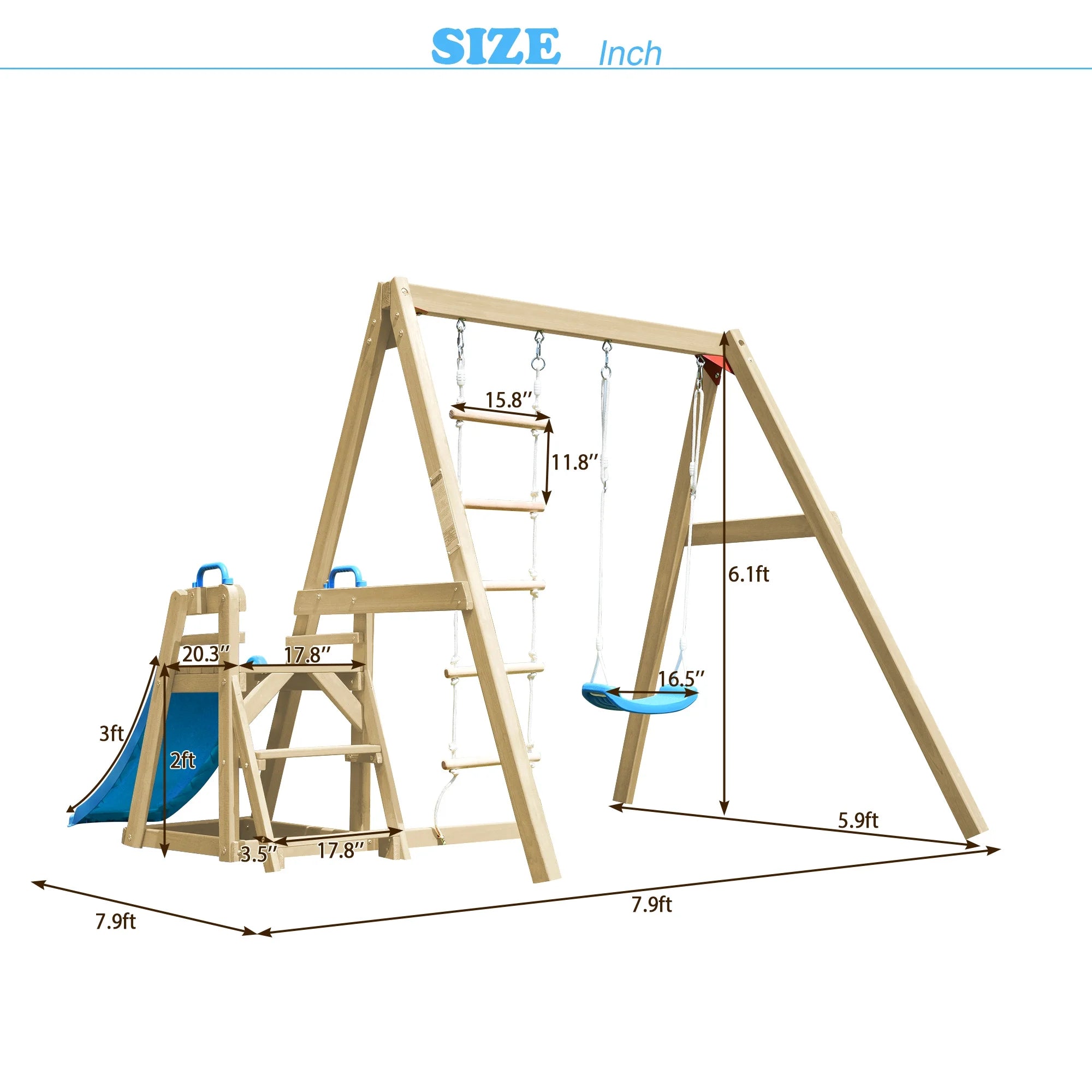 Wooden Swing Set with Slide and Climbing Rope O619