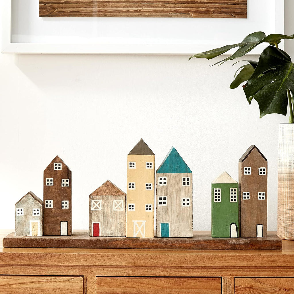 Multicolored Hand-Carved Mango Wood Village on Tray R601541