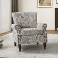 Pink Floral Pattern Wingback Accent Chair with Wood Legs & Removable Cushion F7116