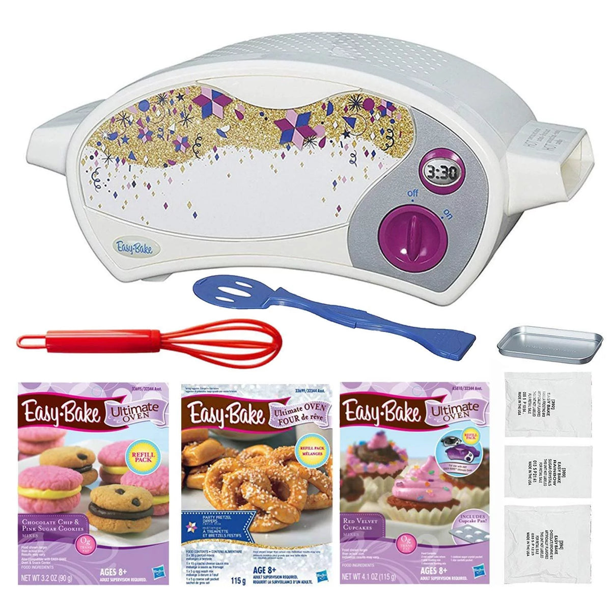Easy Bake Oven + Chocolate Chip and Pink Sugar Refill + Red Velvet Cupcakes Refill + Party Pretzel Refill Pack + Mini Whisk O641853