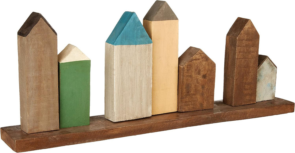 Multicolored Hand-Carved Mango Wood Village on Tray R601541