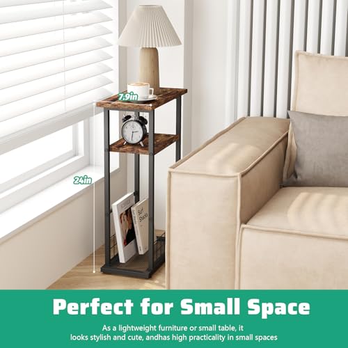 3-Tier Narrow End Table with Magazine Holder Rustic Brown N7326