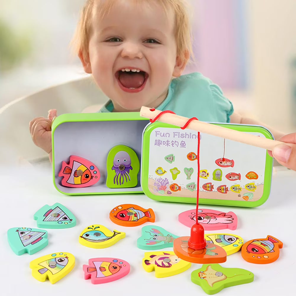 15pcs Wooden Magnetic Fishing Toy with 15 Fish and 1 Rod K5073