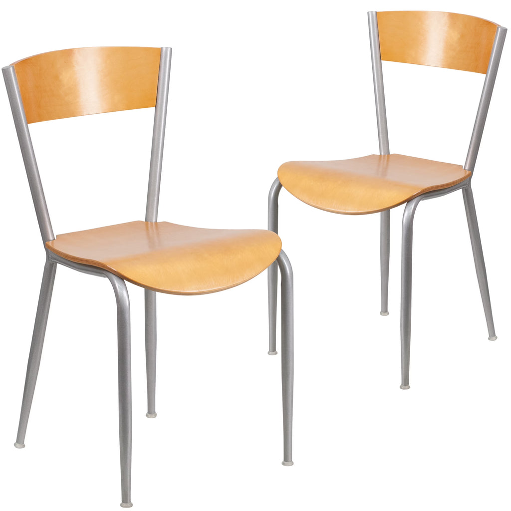 2 Pack Silver Metal Restaurant Chair with Natural Wood Back and Seat R824749