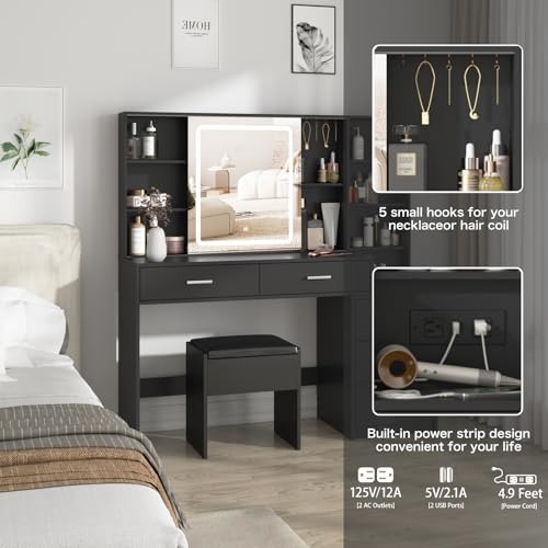 White Vanity Desk with Mirror and Lights 5 Drawers with Chair T159296