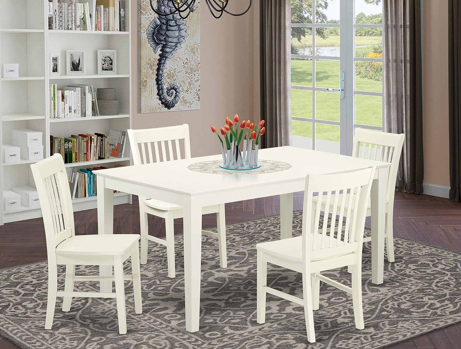 5 Pc Oak Finish Dining Set with Linen Fabric Chairs P484275