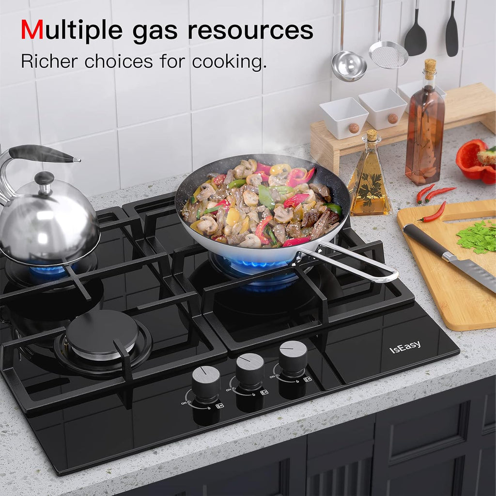 24 Inch Built-in Gas Cooktop, 3 Burner, Black Tempered Glass B27687