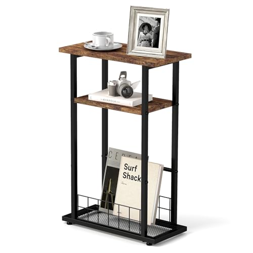 3-Tier Narrow End Table with Magazine Holder Rustic Brown N7326