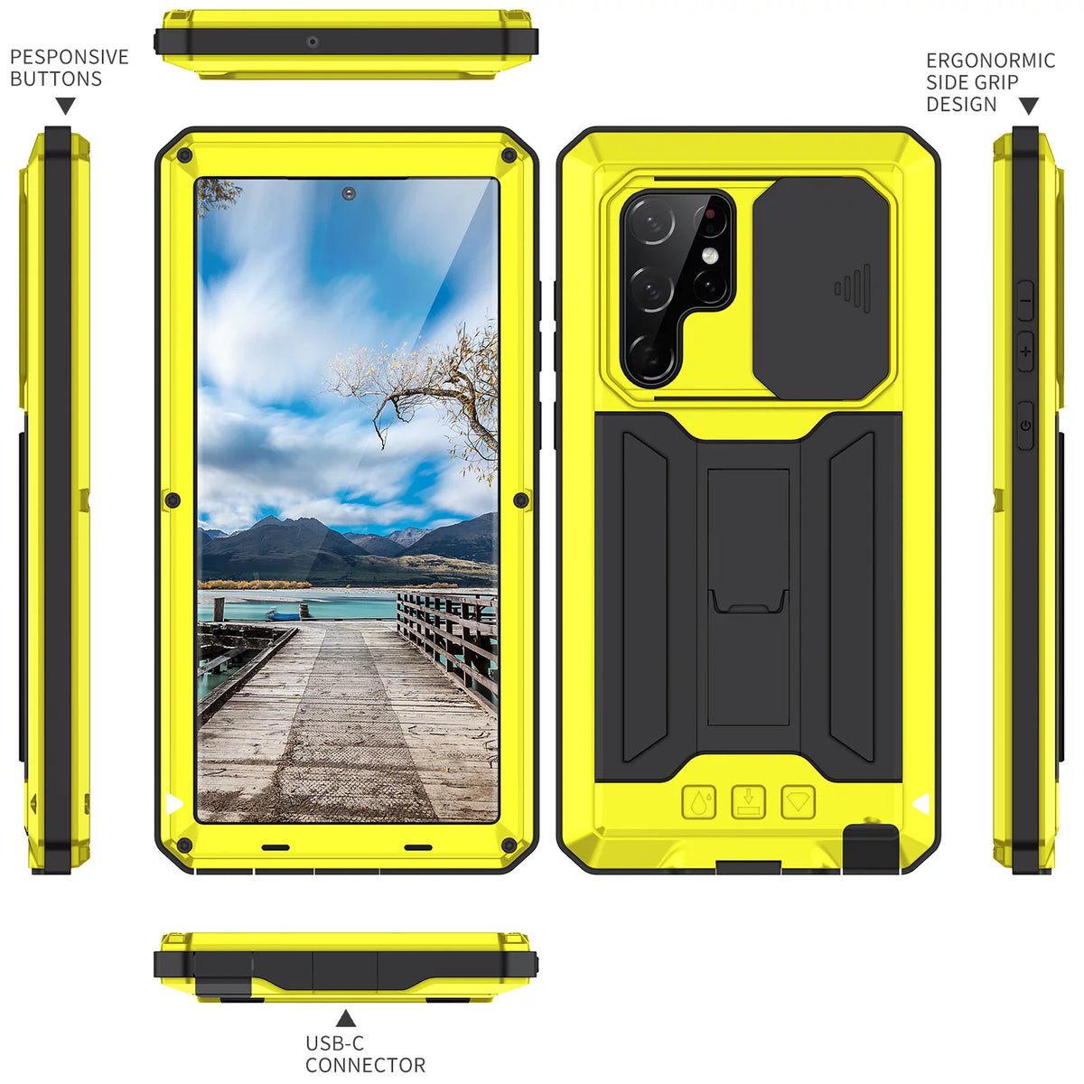 Yellow Hard PC TPU Waterproof Case with Built-in Glass Screen Protector and Kickstand for Galaxy S22 Ultra 5G W5501