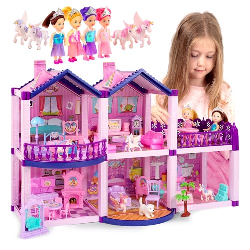 Pink and Purple 5 Room Dollhouse with 4 Princesses, 4 Unicorns, Dog, Furniture and Accessories M457