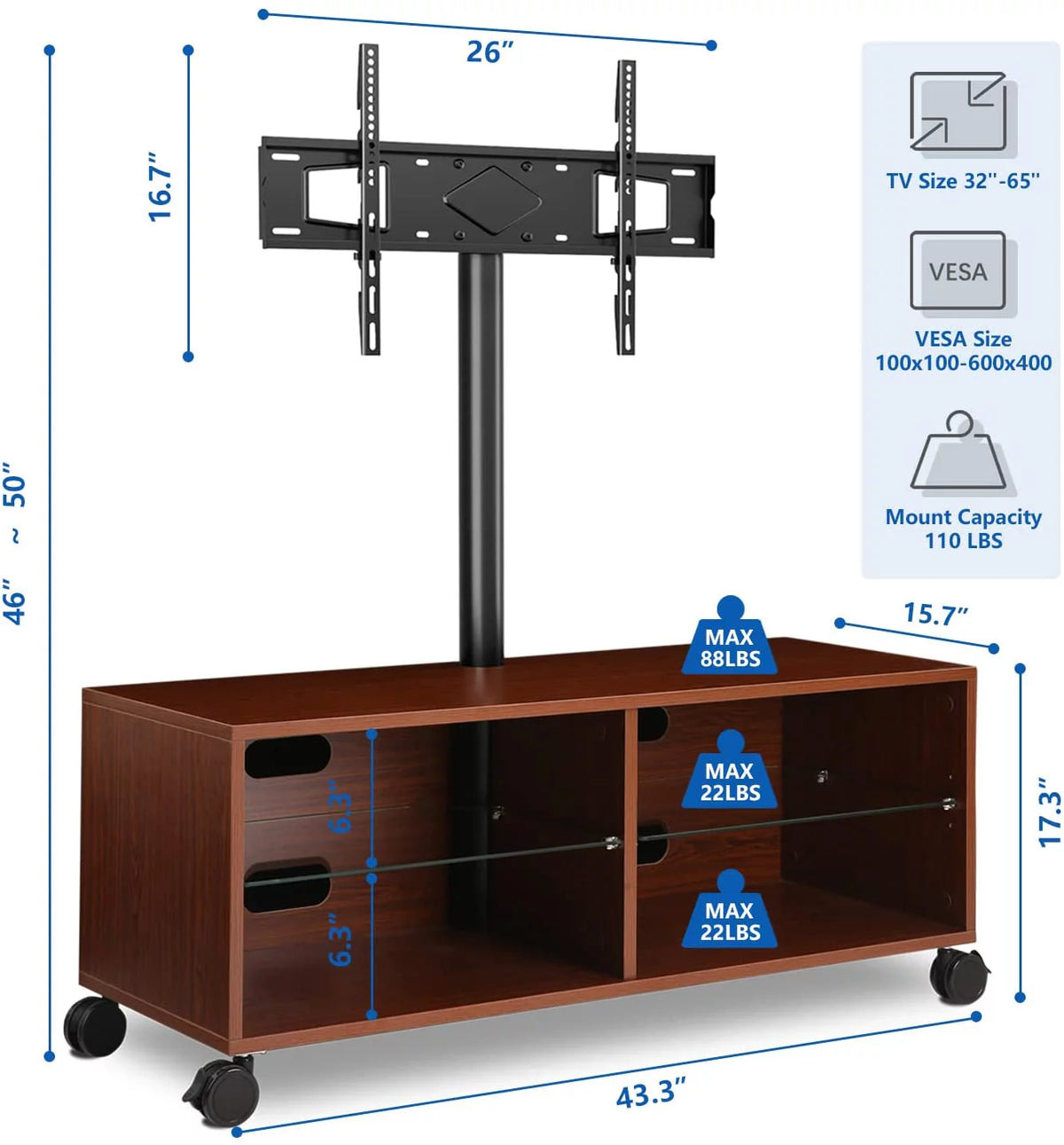Brown Wood TV Stand with Rolling Wheels B88768