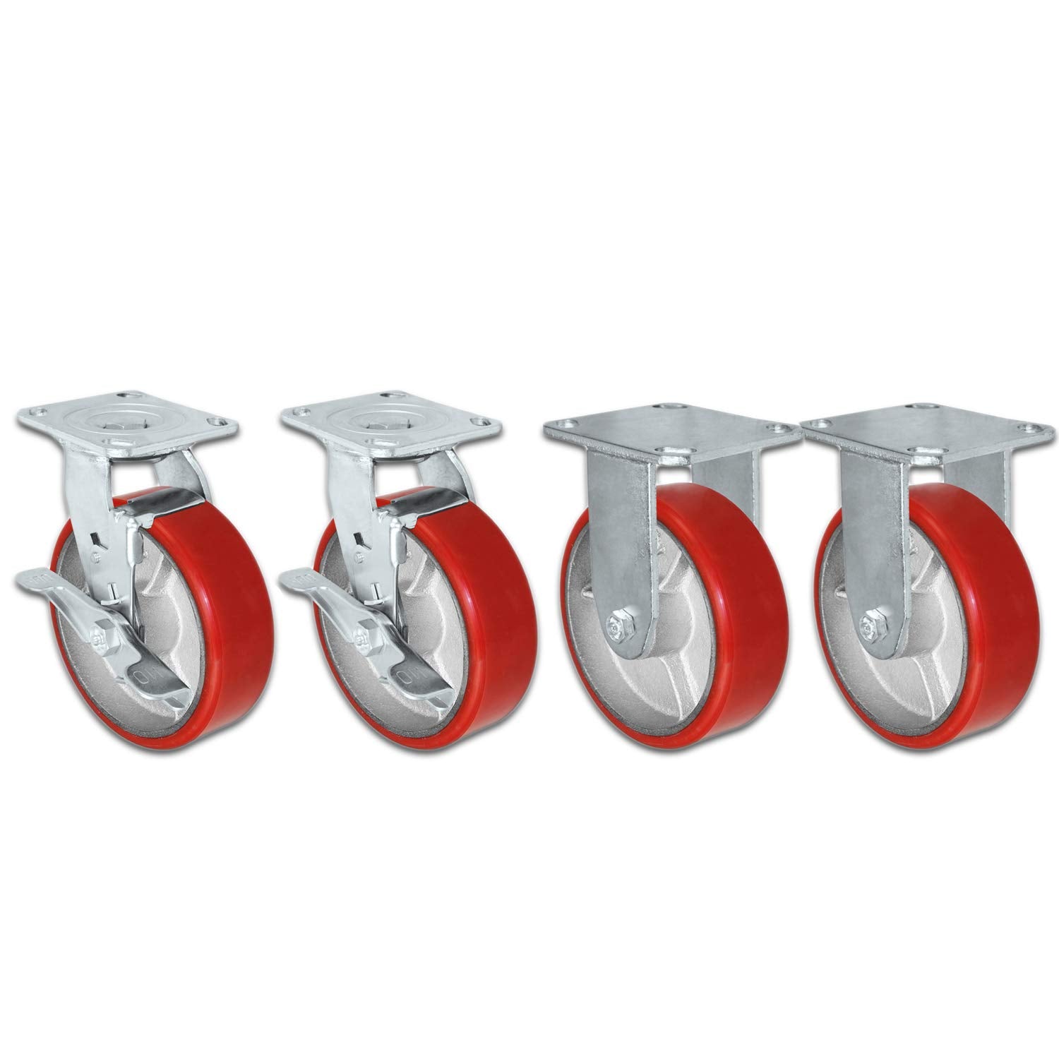 Heavy Duty Red Polyurethane Wheel on Steel Hub with Brakes Set of 4 Tool Box Casters E84894