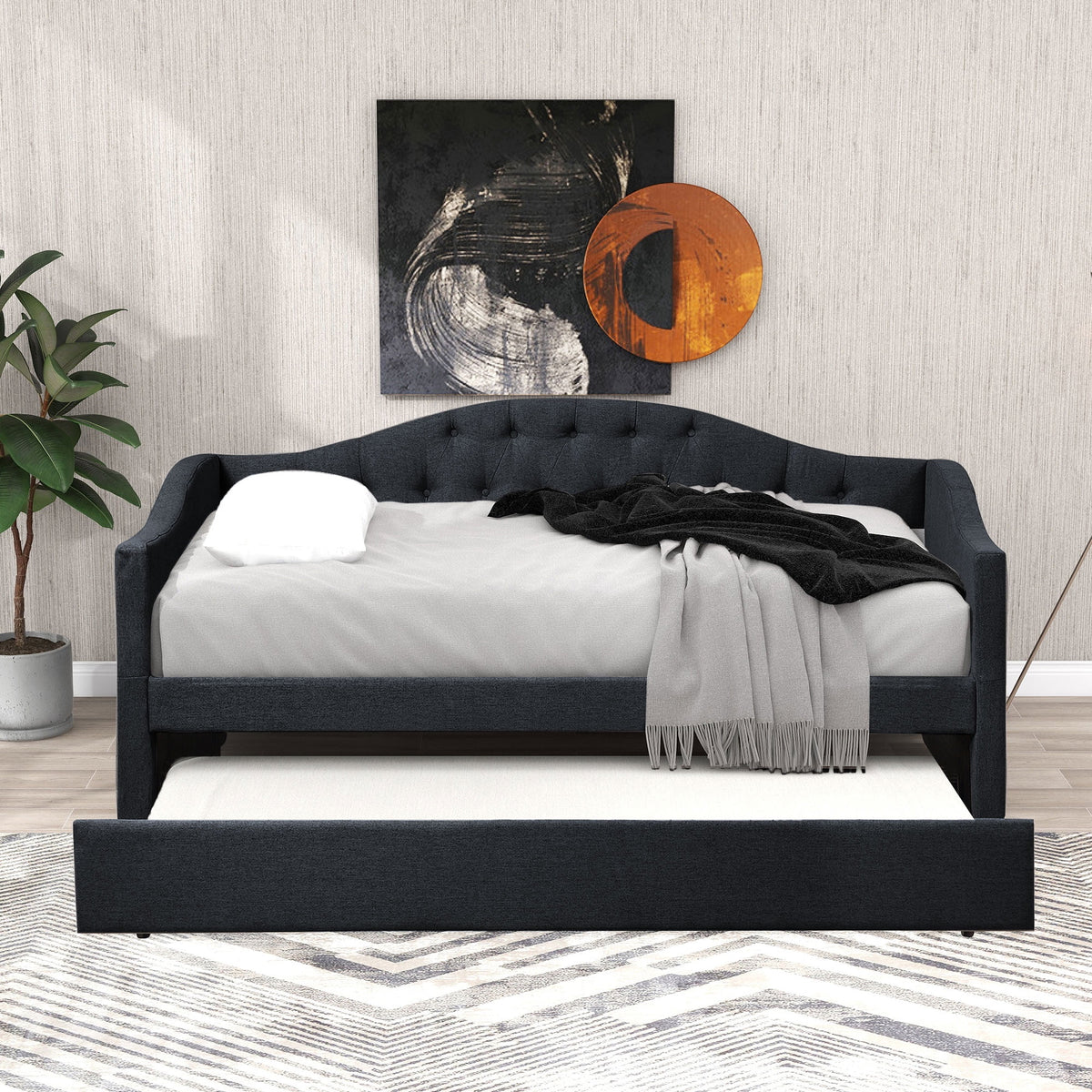 Dark Gray Wood Tufted Twin Size Daybed with Trundle S134