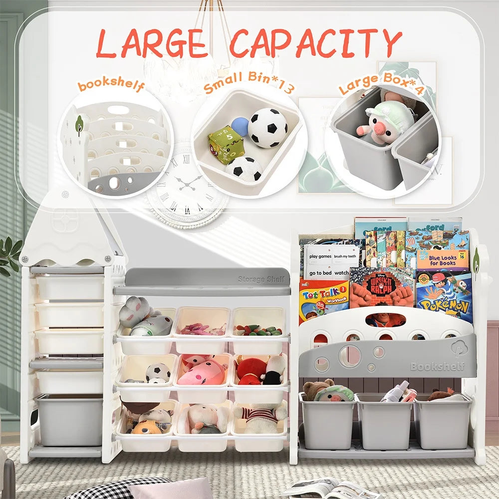 Grey Kids Bookshelf Toy Storage Organizer with 17 Bins and 4 Bookshelves J4983