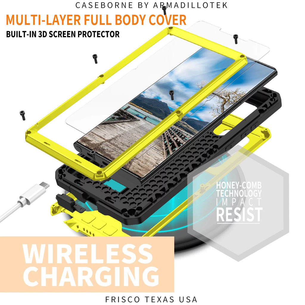 Yellow Hard PC TPU Waterproof Case with Built-in Glass Screen Protector and Kickstand for Galaxy S22 Ultra 5G W5501