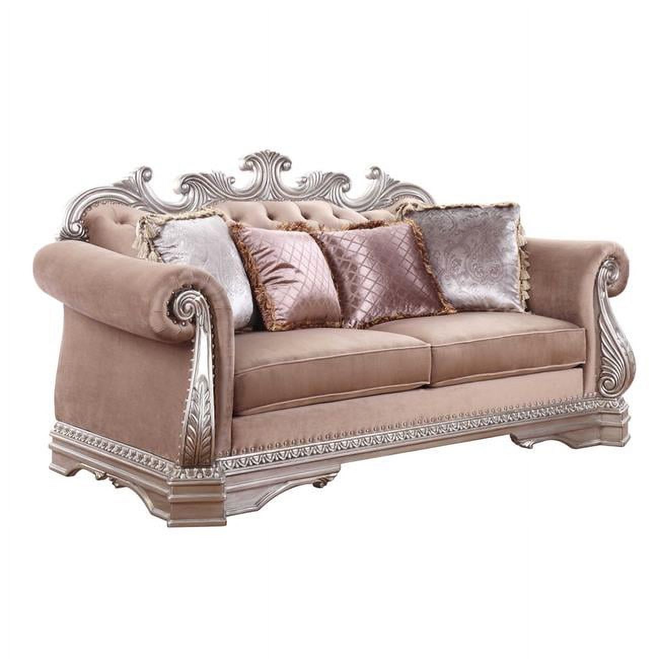 Velvet Champagne Upholstery Poly-Resin Loveseat with 4 Pillows S894