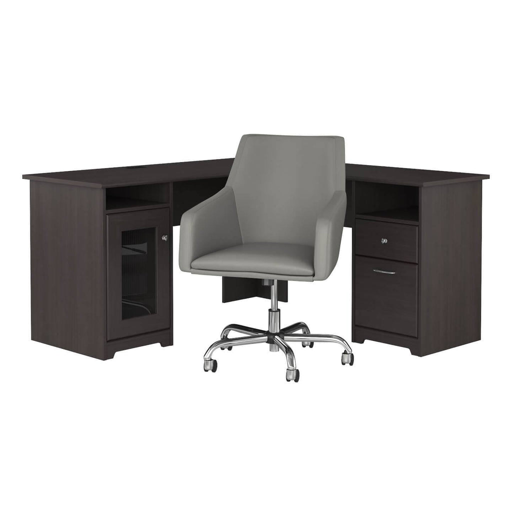 60W L Shaped Computer Desk with Mid Back Leather Box Chair in Modern Gray O502