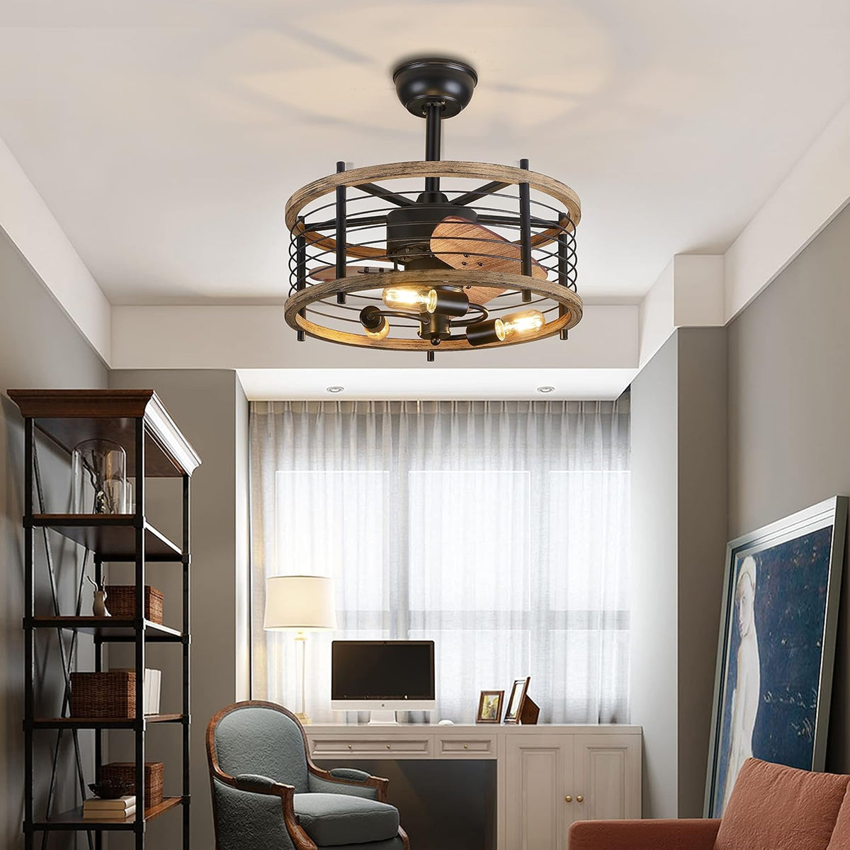 20-inch Caged Ceiling Fan with Lights, Reversible, Remote, Bladeless B45655