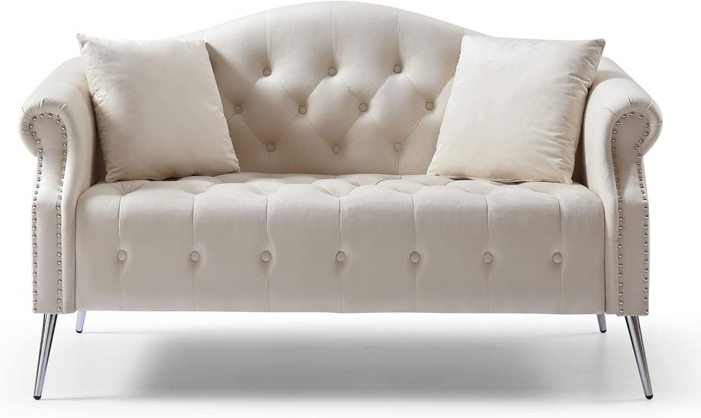Beige Velvet Chesterfield Loveseat Sofa with Metal Legs O1217