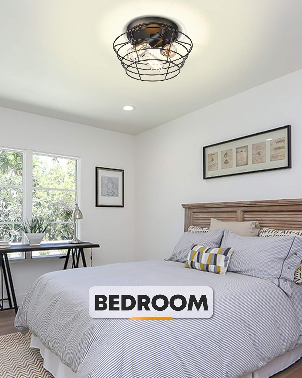 Vintage Black Metal Cage Ceiling Light Fixture H90461