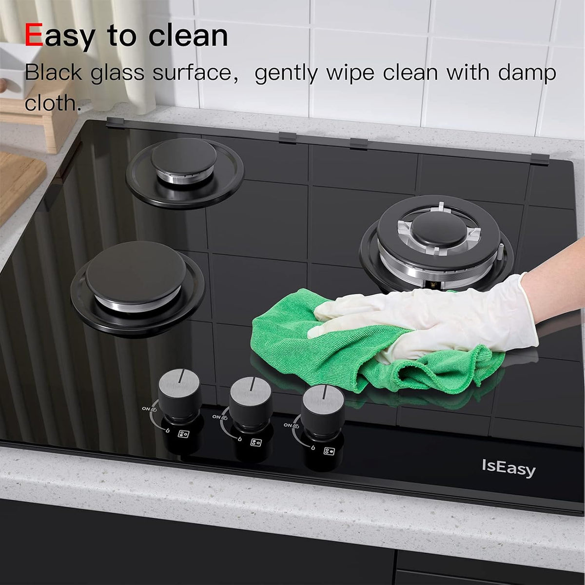 24 Inch Built-in Gas Cooktop, 3 Burner, Black Tempered Glass B27687