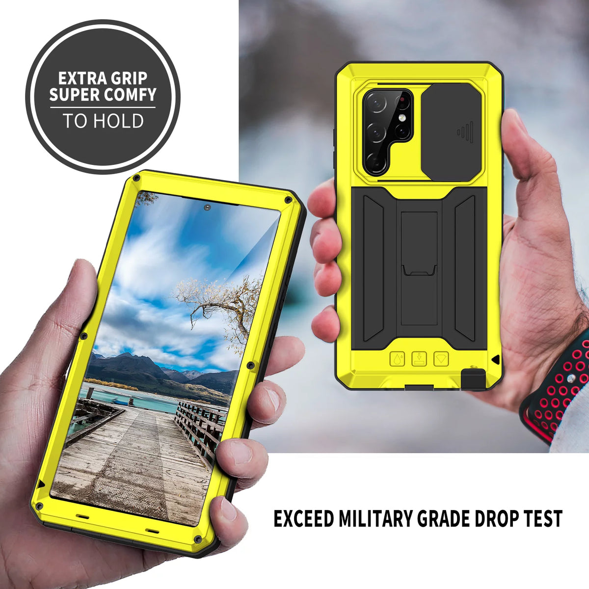 Yellow Hard PC TPU Waterproof Case with Built-in Glass Screen Protector and Kickstand for Galaxy S22 Ultra 5G W5501