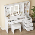 White Vanity Desk with Mirror and Lights 5 Drawers with Chair T159296